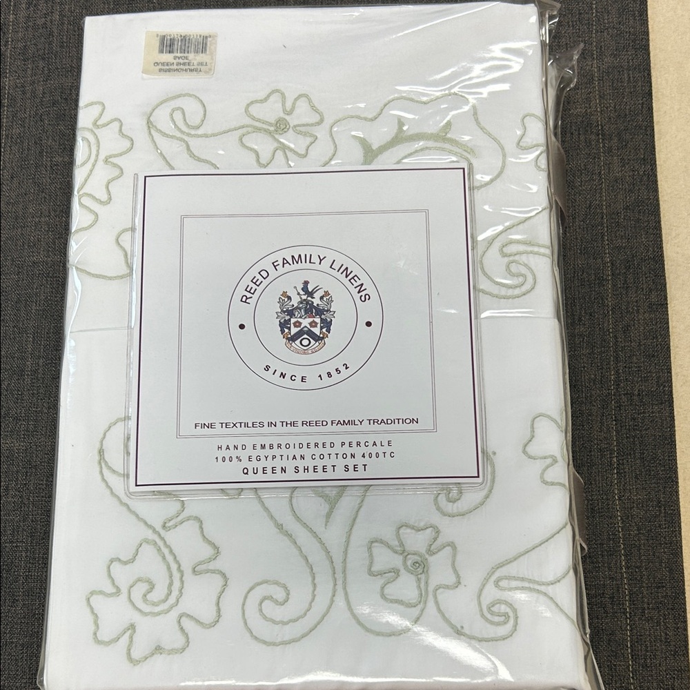 Queen Sheet Set - White with Light Green Embroidery